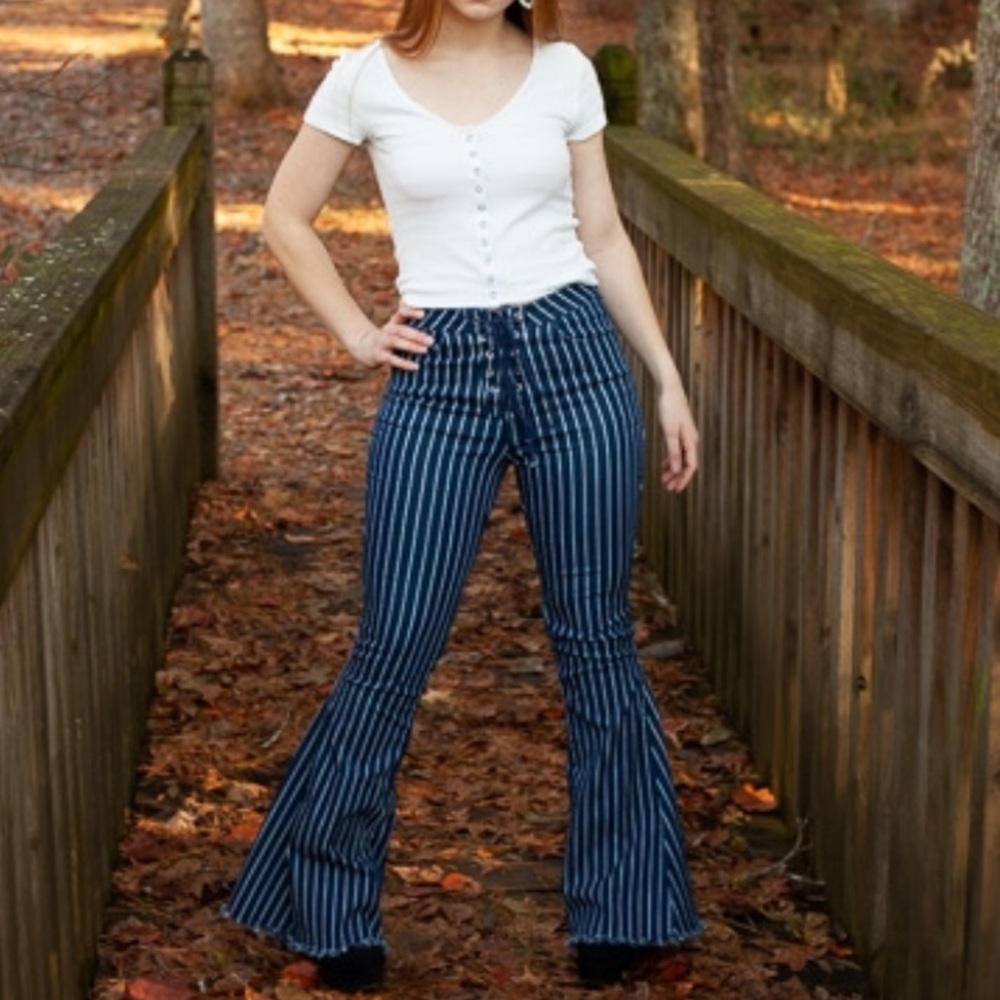 Chrysanthemum Striped Multi-Color Thread Striped Flare Jeans